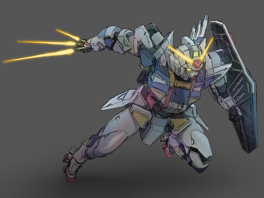 beam_saber beginning_gundam between_fingers glowing glowing_eye grey_background gundam gunpla_builders_beginning_g highres mecha mecha_kaku_man no_humans shield v-fin