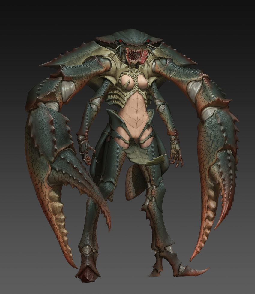 1girl absurdres arms_at_sides arthropod_girl black_sclera breasts carapace claws colored_sclera crab_girl expressionless extra_arms gradient gradient_background highres horror_(theme) mcrc_science medium_breasts monster_girl open_mouth original pincers red_eyes solo spines standing teeth