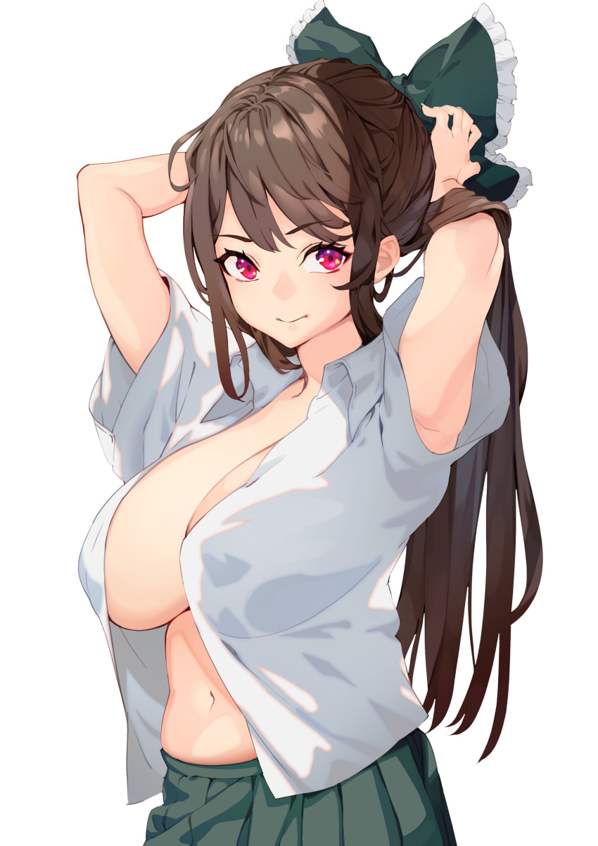 1girl absurdres adjusting_hair armpit_peek arms_up bangs bow breasts brown_hair cleavage closed_mouth cowboy_shot eyebrows_visible_through_hair frilled_bow frills green_bow green_skirt hair_bow highres large_breasts long_hair navel onion_(onion_and_pi-natto) open_clothes open_shirt pleated_skirt red_eyes reiuji_utsuho short_sleeves sidelocks simple_background skirt solo touhou very_long_hair white_background wing_collar