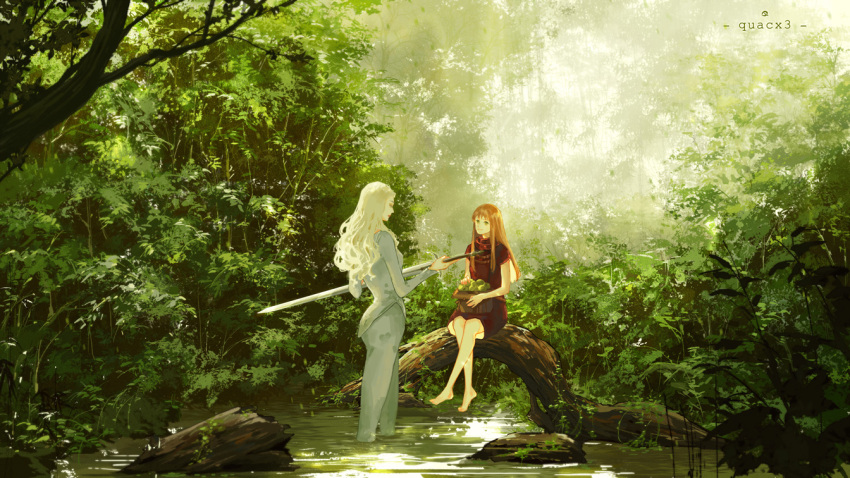 2girls apple artist_name barefoot basket brown_hair clare_(claymore) claymore dress food fruit grey_pants grey_shirt holding holding_basket holding_sword holding_weapon long_hair long_sleeves long_sword looking_at_another multiple_girls outdoors pants quacx3 red_dress scenery shirt sitting_on_log skin_tight smile sword teresa_(claymore) tree wading water wavy_hair weapon white_hair