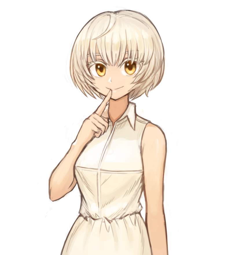 1girl act-age arm_at_side bare_arms breasts closed_mouth commission dress highres index_finger_raised looking_at_viewer momoshiro_chiyoko pixiv_request short_hair small_breasts smile solo sookmo upper_body white_dress white_hair yellow_eyes