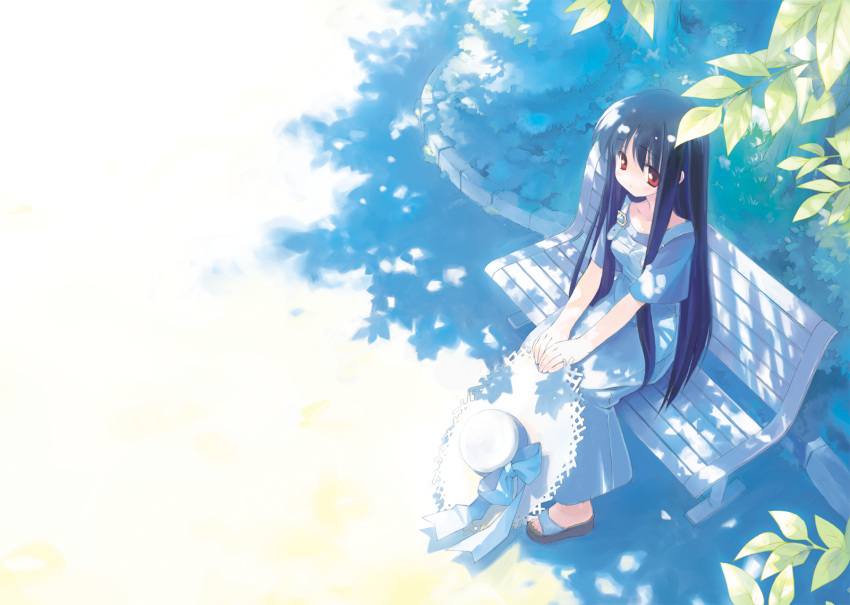 1girl artist_request bench black_hair check_artist closed_mouth dress from_above gayarou hat hat_removed headwear_removed highres holding holding_clothes holding_hat leaf long_hair looking_at_viewer makino_nanami mizukabe official_art outdoors red_eyes sandals shade sitting solo straw_hat suigetsu tree_shade very_long_hair