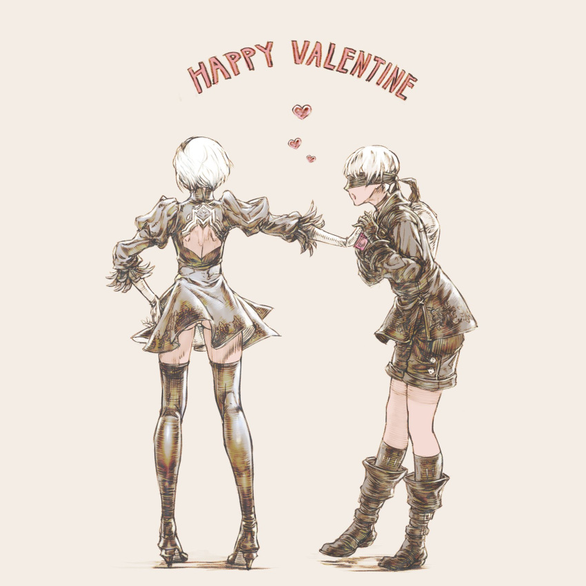 1boy 1girl ass black_blindfold black_dress black_legwear blindfold boots dress full_body gloves happy_valentine high_heel_boots high_heels highres kazama_raita nier_(series) nier_automata puffy_sleeves short_hair shorts silver_hair simple_background thighhighs white_hair yorha_no._2_type_b yorha_no._9_type_s