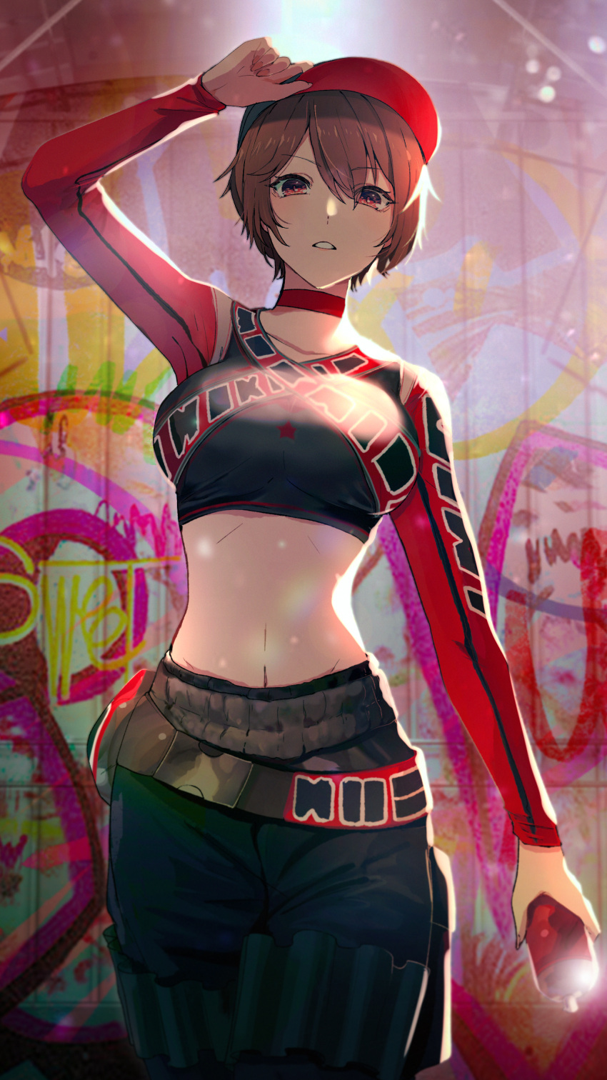 1girl absurdres arm_up bangs baseball_cap black_pants breasts brown_hair choker collarbone crop_top eyebrows_visible_through_hair graffiti hair_between_eyes hat highres holding large_breasts long_sleeves looking_at_viewer meiko midriff pants parted_lips red_choker red_eyes red_headwear red_sleeves short_hair solo standing stomach vocaloid yen-mi
