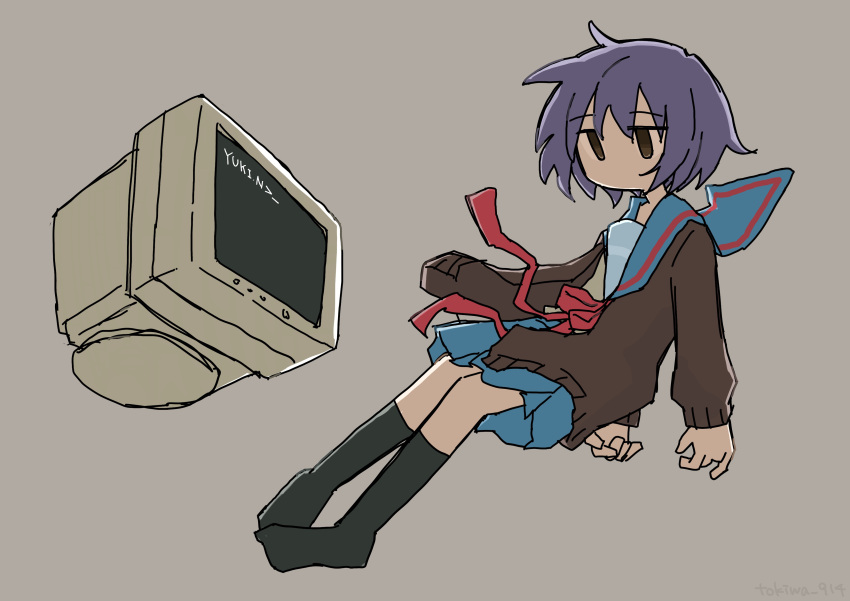 1girl absurdres bangs black_legwear blue_skirt brown_cardigan brown_eyes cardigan character_name computer expressionless eyebrows_visible_through_hair full_body grey_background hair_between_eyes highres jitome kita_high_school_uniform kneehighs monitor nagato_yuki neck_ribbon no_mouth no_shoes pleated_skirt purple_hair red_neckwear red_ribbon ribbon school_uniform serafuku short_hair sidelocks simple_background skirt solo suzumiya_haruhi_no_yuuutsu system_console tokiwa_(914)