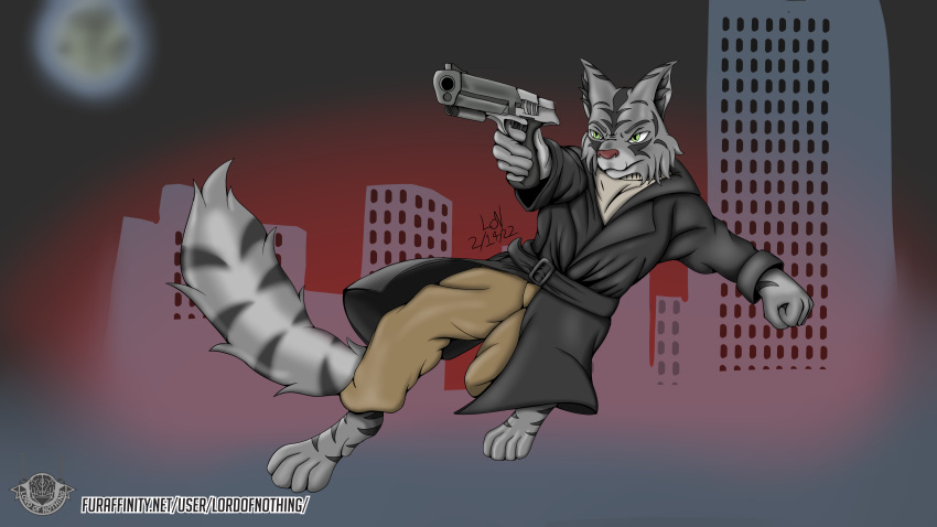 absurd_res action_pose anthro city clothing coat domestic_cat felid feline felis fluffy fluffy_tail gun hi_res jumping leaping lordofnothin1 male mammal moon pose ranged_weapon solo topwear trenchcoat weapon