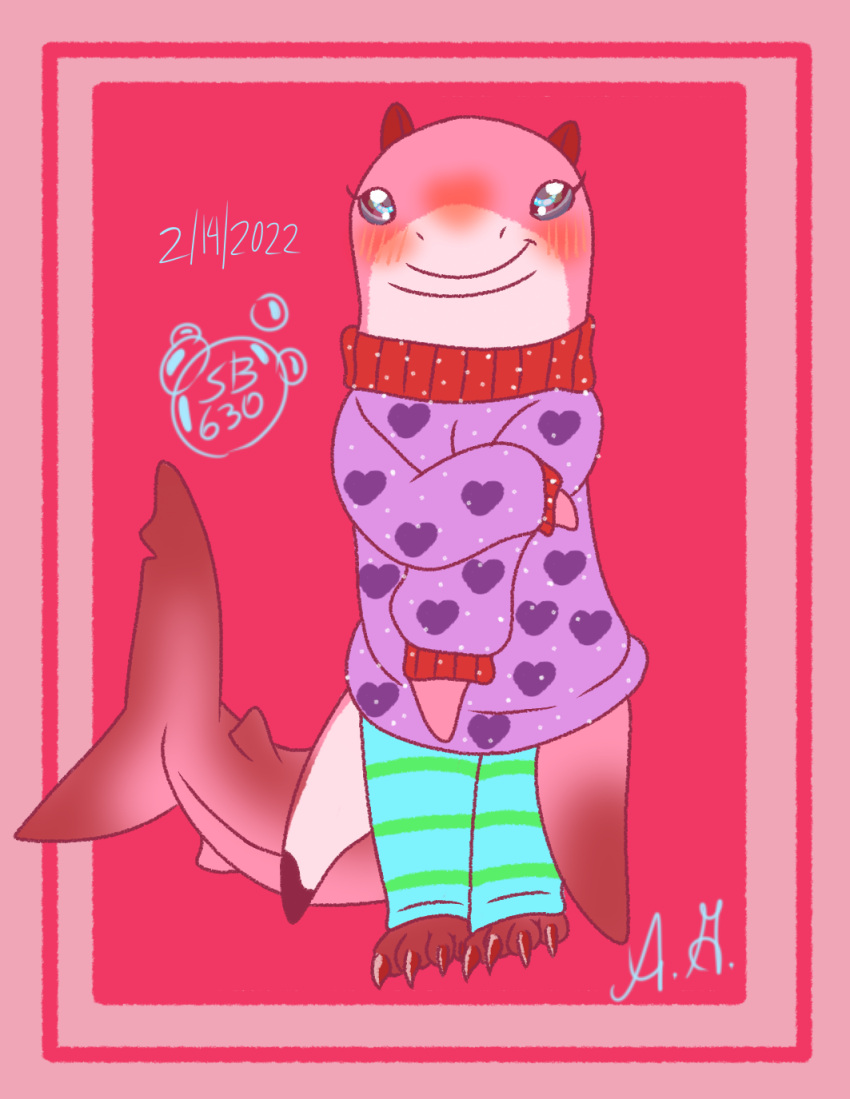 black_sclera blue_eyes blush claws clothing female fin fish footwear great_white_shark hi_res holidays invalid_tag lamnid lamniform looking_at_viewer marine pink_body seabreeze629 semi-anthro shark simple_background socks sweater topwear valentine's_day