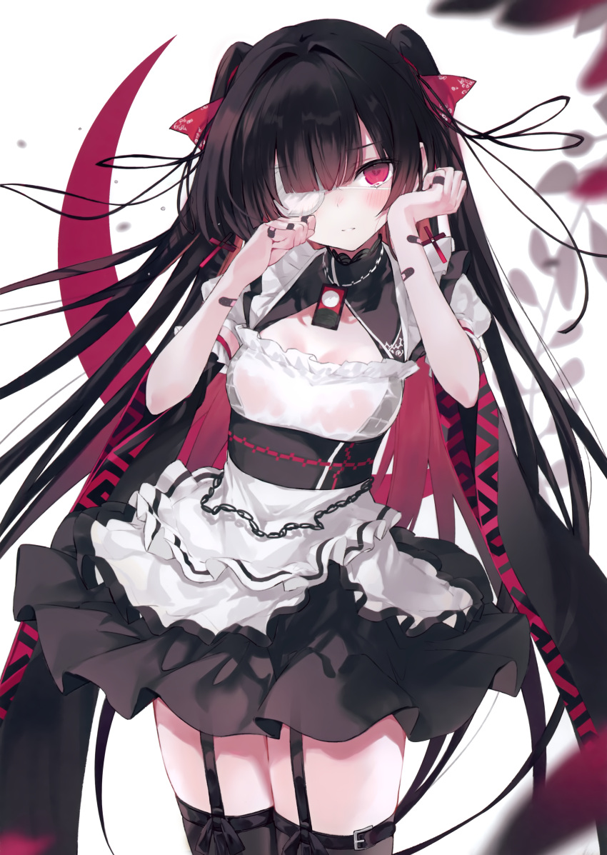 1girl absurdres armband bandaid bandaid_on_hand bangs black_hair black_legwear blunt_bangs blush breasts collar cowboy_shot crying detached_collar dress eyebrows_visible_through_hair eyepatch frilled_armband frilled_collar frilled_dress frills garter_belt hair_between_eyes hair_intakes hair_ribbon highres long_hair looking_at_viewer medium_breasts multicolored_clothes multicolored_dress multicolored_hair nanananana original pink_eyes pink_hair pink_ribbon pleated_skirt ribbon simple_background skirt solo standing tears teeth thighhighs thighs twintails very_long_hair white_background
