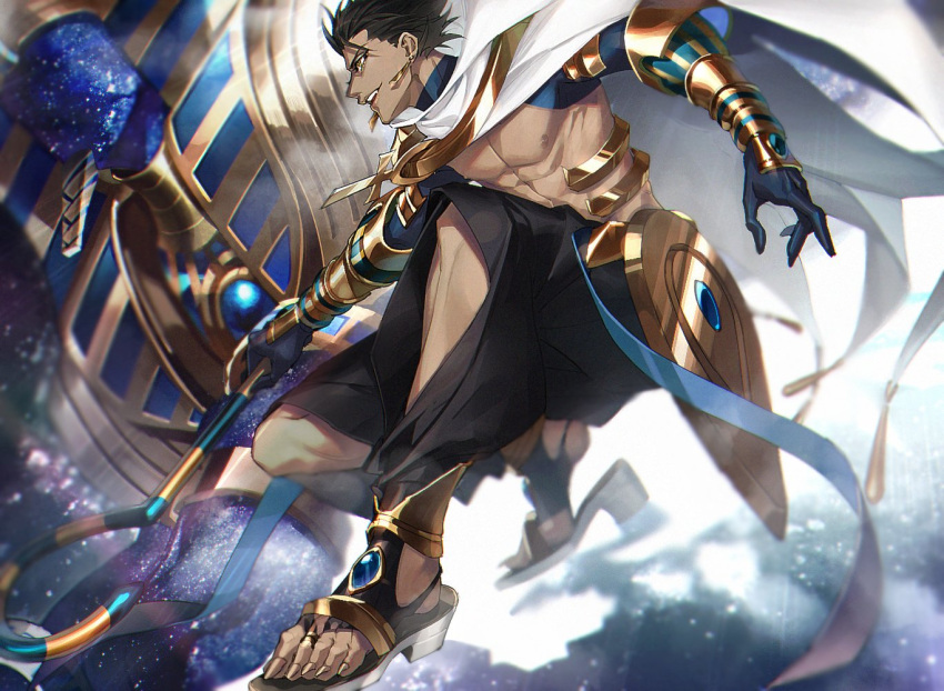 1boy ahoge brown_hair cape dark-skinned_male dark_skin earrings egyptian_clothes fate/grand_order fate/prototype fate/prototype:_fragments_of_blue_and_silver fate_(series) gloves holding jewelry kiki_(re_6xxx) looking_at_viewer looking_away male_focus ozymandias_(fate) short_hair smile solo sphinx yellow_eyes