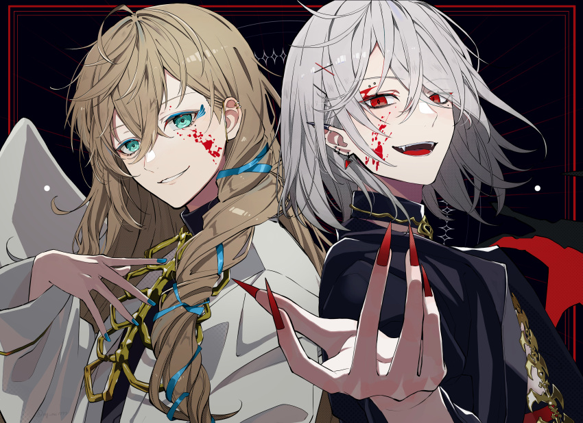 2boys absurdres angel angel_wings blood blood_on_face blue_eyes brown_hair chronoir fangs hana_arare highres kanae_(nijisanji) kuzuha_(nijisanji) looking_at_viewer matching_outfit mole mole_under_eye multiple_boys nail_polish nijisanji outstretched_hand pale_skin pointy_ears red_eyes vampire virtual_youtuber white_hair wings