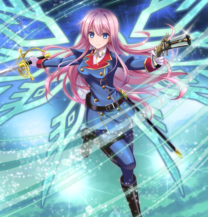 1girl bangs black_footwear blue_eyes blue_jacket blue_pants boots closed_mouth commission dress_shirt floating_hair gun hair_between_eyes handgun highres holding holding_gun holding_sword holding_weapon jacket kakiko210 knee_boots long_hair long_sleeves military military_jacket military_uniform neck_ribbon original pants pink_hair ribbon shirt skeb_commission smile solo standing standing_on_one_leg sword uniform very_long_hair weapon white_shirt yellow_ribbon