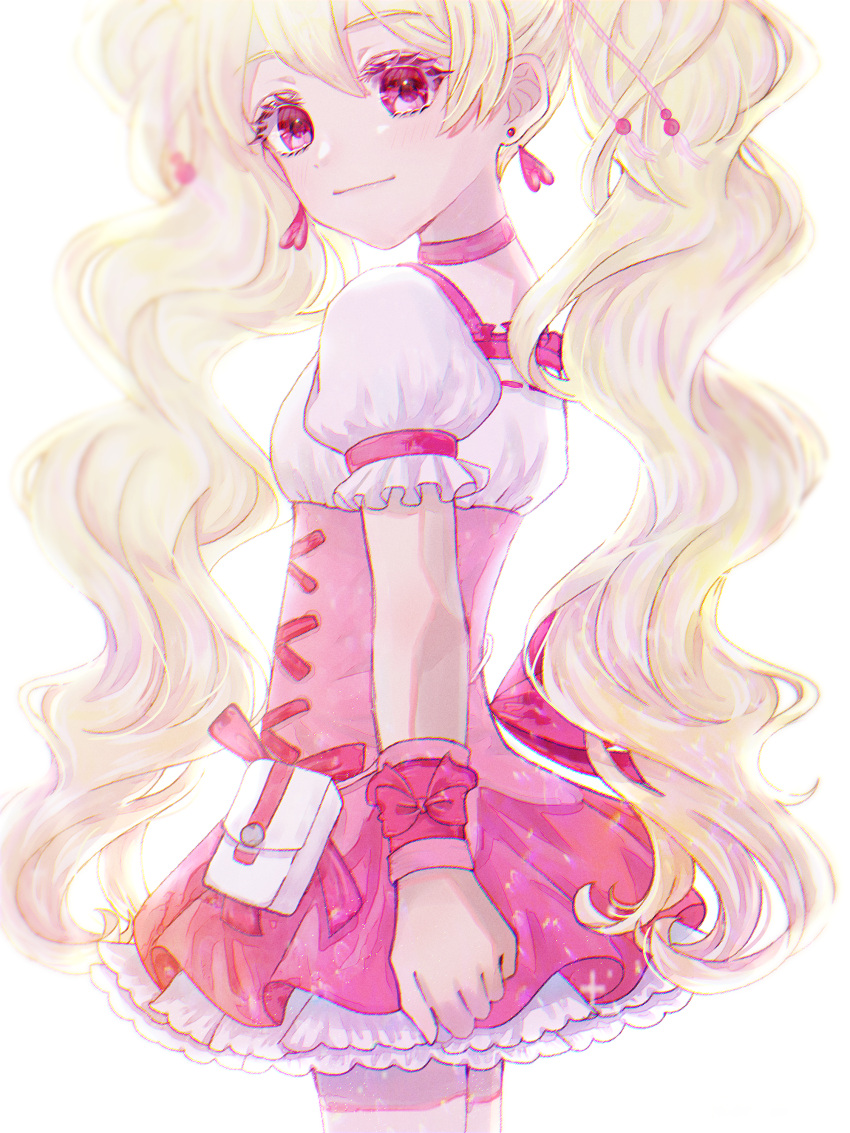 1girl absurdres ap_(pixiv74197750) bangs choker cowboy_shot cure_peach earrings eyebrows_visible_through_hair eyelashes fresh_precure! from_side hair_between_eyes heart heart_earrings highres jewelry layered_skirt long_hair miniskirt pink_skirt precure red_choker red_eyes shirt short_sleeves silver_hair simple_background skirt solo standing twintails underbust very_long_hair white_background white_shirt