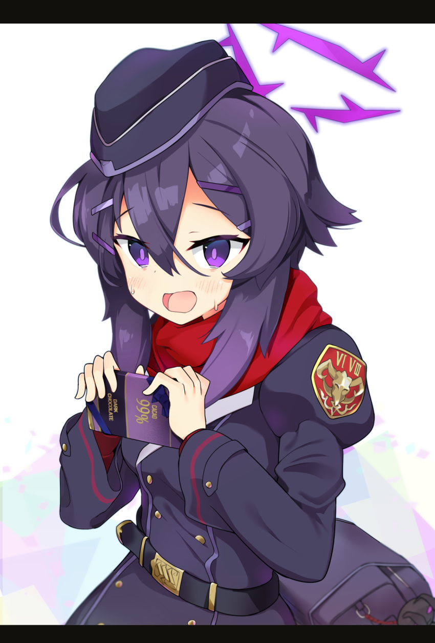 1girl aku_oribi bangs belt black_belt blue_archive blush breasts chocolate food garrison_cap hair_between_eyes hair_ornament hairclip halo haruka_(blue_archive) hat highres holding holding_chocolate holding_food jacket juliet_sleeves layered_clothing long_sleeves looking_at_viewer military military_uniform open_mouth puffy_sleeves purple_bag purple_eyes purple_hair purple_headwear purple_jacket red_scarf scarf simple_background small_breasts solo sweat uniform upper_body valentine white_background