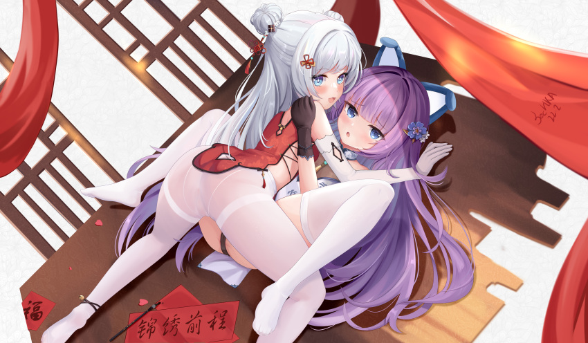 +_+ 2girls absurdres animal_ears ankle_bell ass azur_lane bangs black_gloves black_panties blue_eyes blunt_bangs china_dress chinese_clothes chinese_commentary commentary_request dated dress elbow_gloves eyebrows_visible_through_hair fake_animal_ears gloves hair_bun highres le_malin_(azur_lane) long_hair looking_at_viewer m_legs multiple_girls no_shoes panties pantyhose purple_hair red_dress sechka sidelocks signature silver_hair tashkent_(azur_lane) thighband_pantyhose toes underwear very_long_hair white_dress white_gloves white_legwear