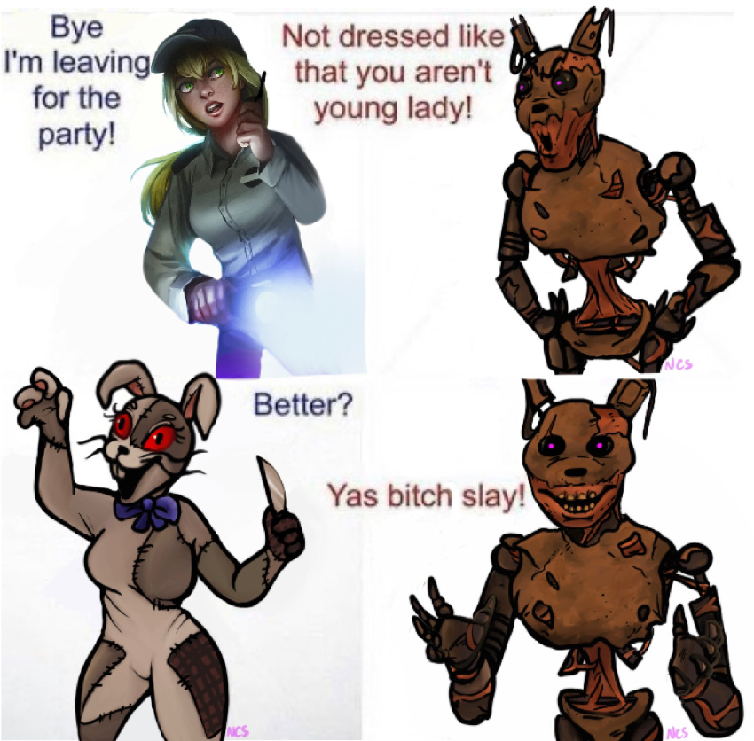 2022 animatronic anthro bow_ribbon buckteeth burntrap_(fnaf) clothed clothing comparing dialogue duo english_text female five_nights_at_freddy's flashlight hair hat headgear headwear hi_res human humor knife lagomorph leporid machine male mammal meme multiple_scenes ncs patch_(fabric) profanity rabbit red_eyes robot scottgames simple_background smile standing teeth text vanessa_(fnaf) vanny_(fnaf) video_games whiskers white_background william_afton_(fnaf)