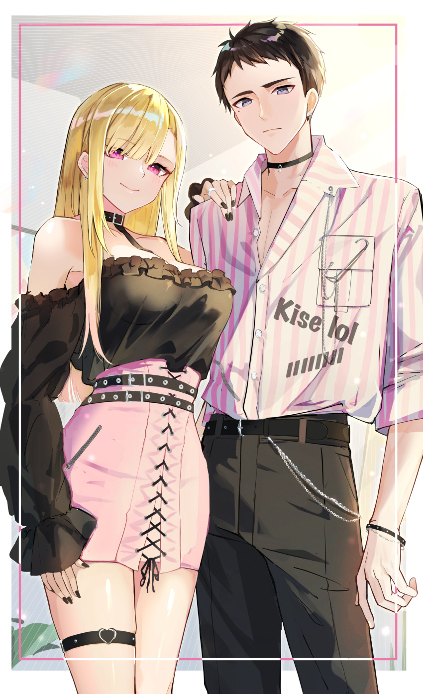 1boy 1girl absurdres bare_shoulders black_choker black_hair black_nails black_pants black_shirt blonde_hair breasts choker collarbone collared_shirt commentary_request dress_shirt gojou_wakana goroo_(eneosu) hand_on_another's_shoulder hand_up high-waist_skirt highres kitagawa_marin long_hair long_sleeves medium_breasts nail_polish off-shoulder_shirt off_shoulder pants pink_skirt purple_eyes shirt skirt sleeves_past_wrists sono_bisque_doll_wa_koi_wo_suru striped striped_shirt thigh_strap vertical-striped_shirt vertical_stripes very_long_hair