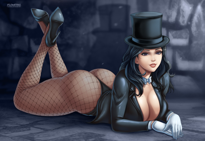 1girl ass black_eyes black_footwear black_hair black_jacket black_leotard bow bowtie breasts cleavage collarbone crossed_legs dc_comics english_commentary eyebrows fishnet_legwear fishnets flowerxl gloves hat high_heels highleg highleg_leotard jacket large_breasts leotard lying magician on_stomach open_mouth own_hands_together parted_lips red_lips shadow solo teeth thighs top_hat western_comics_(style) white_bow white_bowtie white_gloves zatanna_zatara