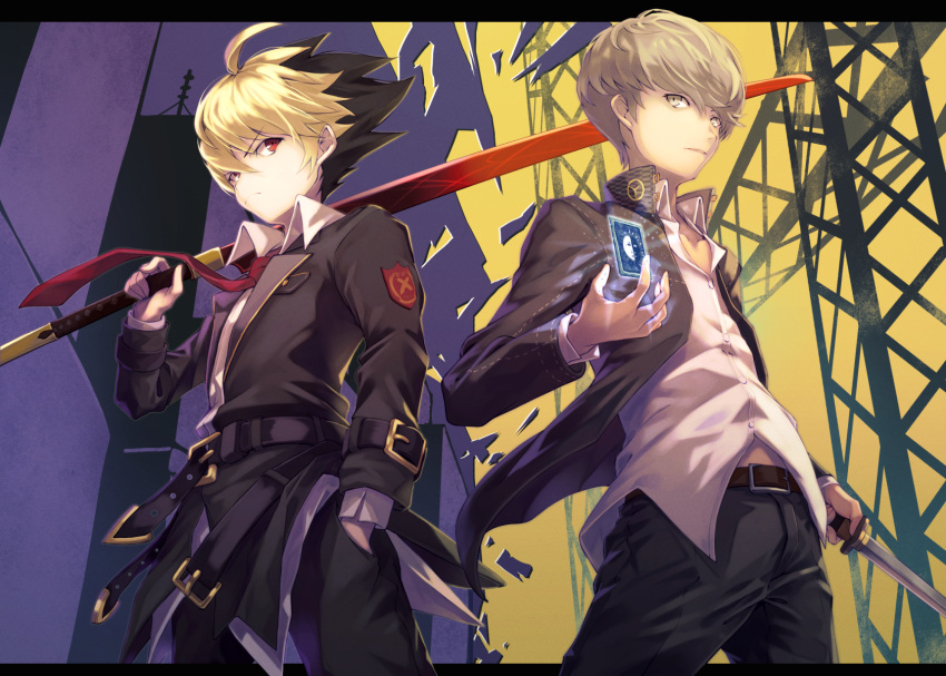 2boys belt black_jacket blazblue blazblue:_cross_tag_battle buttons card collared_shirt dress_shirt dyed_bangs frown grey_eyes grey_hair hand_up highres holding holding_sword holding_weapon hyde_(under_night_in-birth) jacket katana long_sleeves male_focus multicolored_hair multiple_boys narukami_yuu necktie online_neet open_clothes open_jacket over_shoulder persona persona_4 persona_4:_the_ultimate_in_mayonaka_arena red_eyes school_uniform serious shirt short_hair silver_hair simple_background sword two-tone_background two-tone_hair under_night_in-birth weapon weapon_over_shoulder white_shirt yasogami_school_uniform