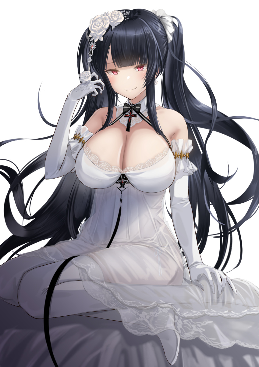 1girl absurdres azur_lane bangs bare_shoulders bed black_bow black_bowtie black_hair blush bow bowtie breasts cleavage closed_mouth cross dress elbow_gloves eyebrows_visible_through_hair flower full_body gloves hair_flower hair_ornament hand_in_hair hand_on_leg highres iron_cross large_breasts long_hair peter_strasser_(a_moment_frozen_in_pure_white)_(azur_lane) peter_strasser_(azur_lane) purple_eyes sankyo_(821-scoville) seiza sitting smile solo thighhighs twintails wedding_dress white_background white_dress white_gloves white_legwear