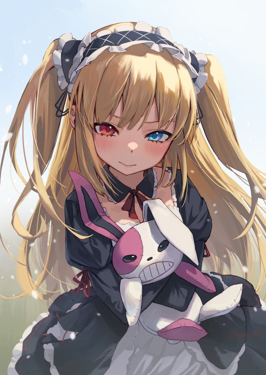 1girl absurdres black_dress blonde_hair blue_eyes boku_wa_tomodachi_ga_sukunai cowboy_shot detached_collar doll_hug dress gothic_lolita hairband hasegawa_kobato heterochromia highres lolita_fashion lolita_hairband looking_at_viewer object_hug red_eyes solo sooon stuffed_animal stuffed_bunny stuffed_toy two_side_up