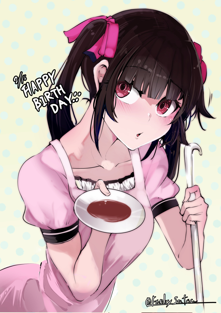 1girl absurdres apron black_hair blush breasts eyebrows_visible_through_hair funkysatou highres holding holding_ladle ladle long_hair looking_at_viewer parted_lips puffy_sleeves purple_eyes senki_zesshou_symphogear small_breasts solo tasting_plate tsukuyomi_shirabe twintails