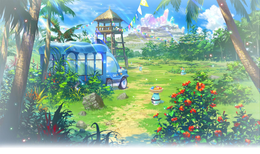 blue_sky bus car flower food fruit ground_vehicle highres house kemono_friends kemono_friends_festival lucky_beast_(kemono_friends) lucky_star motor_vehicle mountain nature red_flower road sky stone sun tree wind