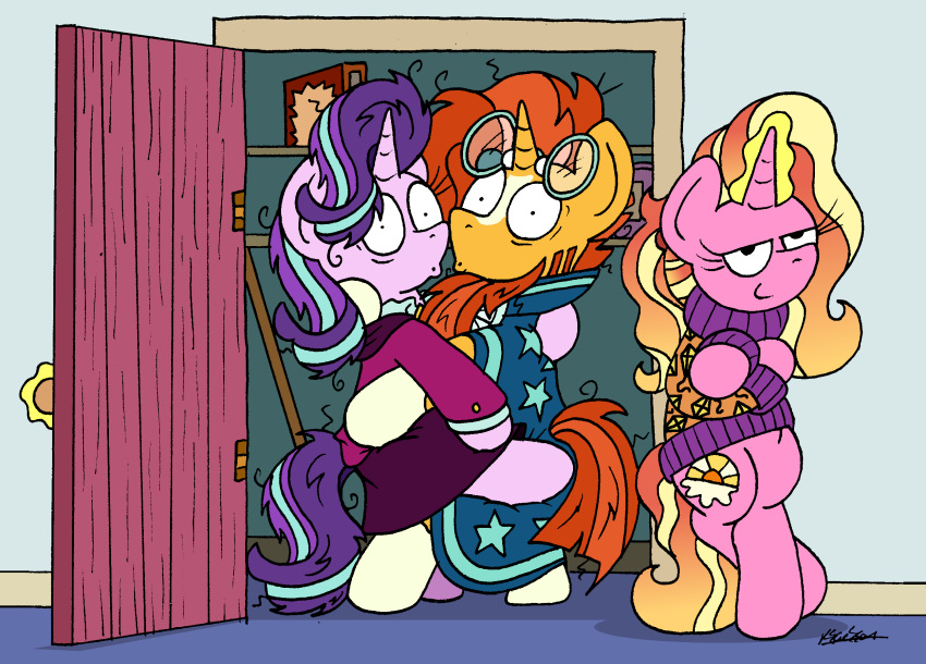 bobthedalek closet clothing door equid equine female friendship_is_magic hasbro hi_res horn luster_dawn_(mlp) male male/female mammal my_little_pony reference_image starlight_glimmer_(mlp) sunburst_(mlp) sweater the_simpsons topwear unicorn