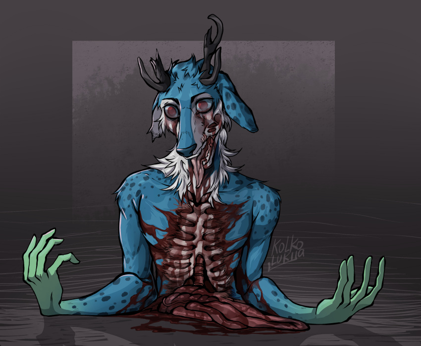 anthro blue_body bone cervid corpse dead_eyes death decay decomposition flesh food gore guts hi_res horn kolkolukija male mammal mane meat organs red_eyes rib_cage ribs rot solo tongue tongue_out white_mane