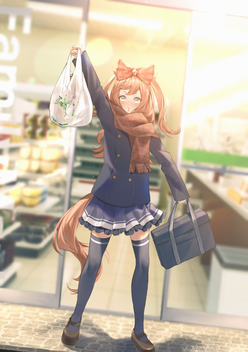 1girl absurdres agnes_digital_(umamusume) animal_ears arm_up bag blue_eyes blurry blurry_background blush bow commentary_request familymart hair_bow highres horse_ears horse_girl horse_tail looking_at_viewer pink_hair plastic_bag scarf school_bag school_uniform solo tail thighhighs tracen_school_uniform umamusume yogukasu