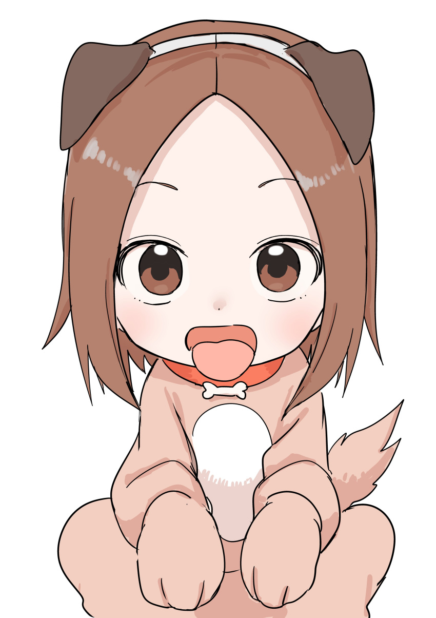 1girl absurdres animal_collar animal_costume animal_ears brown_eyes brown_hair child collar dog_costume dog_ears highres inaba_mifumi karakai_jouzu_no_(moto)_takagi-san karakai_jouzu_no_takagi-san nishikata_chii open_mouth short_hair tongue tongue_out white_background