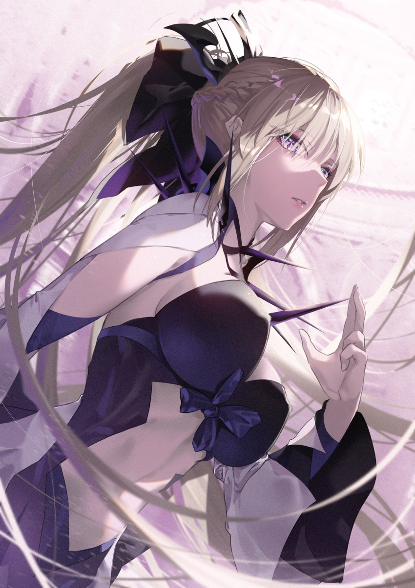 1girl blonde_hair braid breasts cleavage detached_sleeves dutch_angle fate/grand_order fate_(series) french_braid from_below from_side highres large_breasts long_hair morgan_le_fay_(fate) navel ponytail shaded_face solo tsurukame very_long_hair white_background