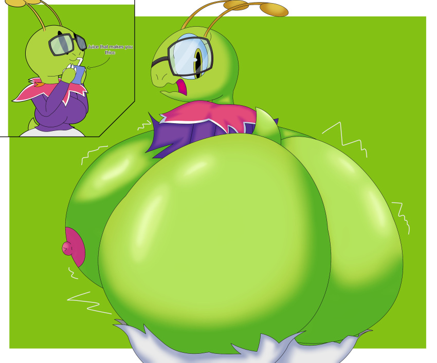 absurd_res anthro big_breasts big_butt black_eyes breast_expansion breasts butt butt_expansion clothed clothing cyandrive98 elemental_creature expansion eyewear female flora_fauna glasses green_background green_body hi_res huge_breasts huge_butt hyper hyper_breasts hyper_butt meganium nintendo plant pok&eacute;mon pok&eacute;mon_(species) simple_background solo surprise torn_clothing video_games yellow_eyes
