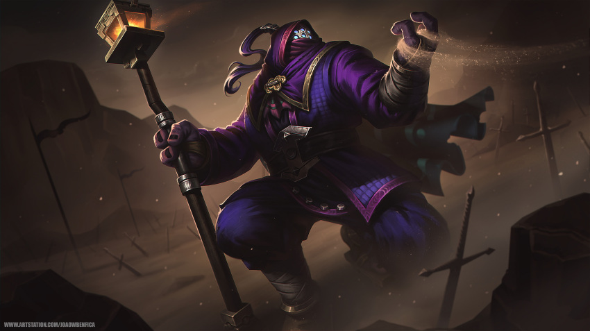 1boy absurdres black_nails cape clothing_request flag glowing glowing_eyes highres holding_lamp hood hood_up jax_(league_of_legends) joaowbenfica league_of_legends long_hair outdoors pants planted planted_sword ponytail purple_pants sand solo squatting sword weapon