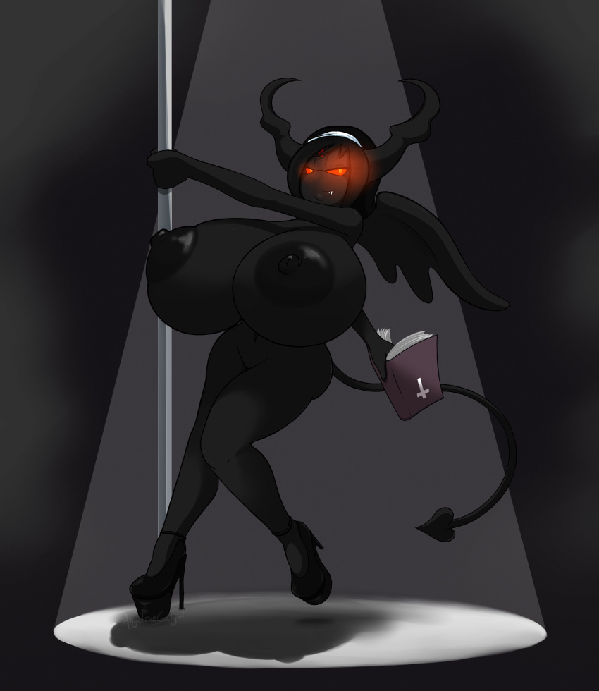 absurd_res angelthecatgirl anthro areola bible big_breasts black_body black_nipples book breasts clothing dancing demon eve_(angelthecatgirl) eve_(tboi) fangs featureless_crotch female glowing glowing_eyes hand_on_pole headgear headwear hi_res high_heels holding_book holding_object horn huge_breasts nipples nude pole pole_dancing red_sclera smile solo stripper_pole vampire wings yellow_eyes