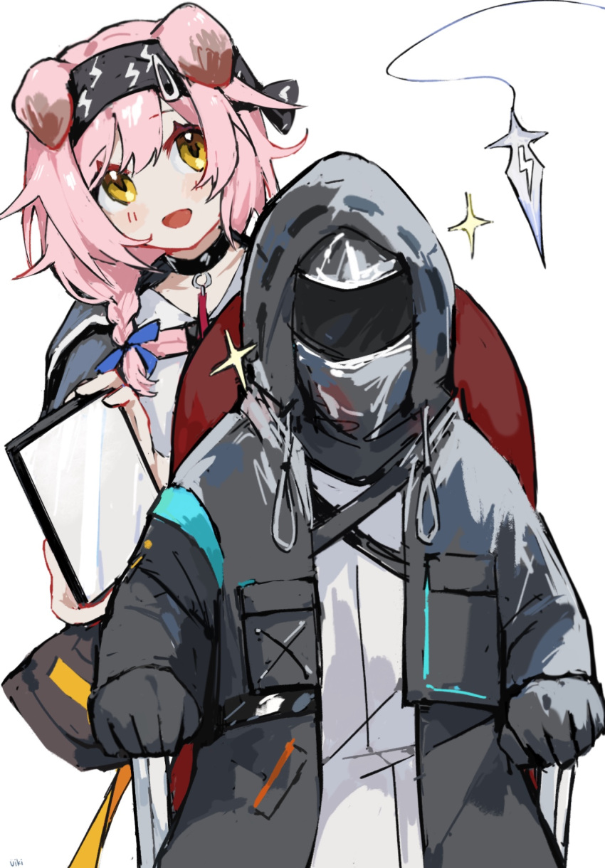 1girl 1other :d animal_ears arknights bangs black_choker black_coat black_gloves black_hairband blue_bow blush bow braid cat_ears chair choker coat doctor_(arknights) eyebrows_visible_through_hair facing_viewer floating floating_object gloves goldenglow_(arknights) hair_bow hairband highres holding holding_mirror hooded_coat lightning_bolt_print long_hair looking_at_viewer mask mirror open_mouth pink_hair side_braid simple_background sitting smile sparkle u$#+i-:#&amp;k#i_(ouo44424295) upper_body white_background yellow_eyes