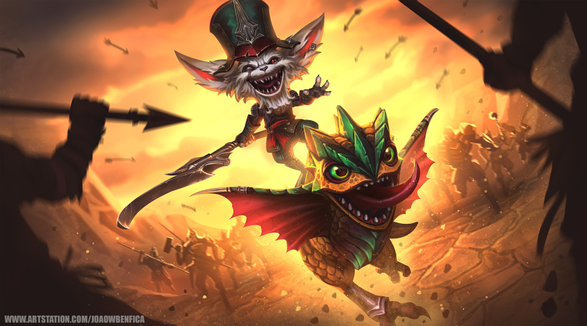 1boy absurdres armor arrow_(projectile) black_jacket black_pants claws desert fingerless_gloves gloves green_eyes grey_fur grin hammer highres holding holding_hammer holding_polearm holding_weapon jacket joaowbenfica kled league_of_legends lizard multiple_others open_mouth outdoors pants polearm red_eyes red_headwear riding running scar scar_across_eye sharp_teeth skaarl slit_pupils smile teeth tongue tongue_out weapon yordle