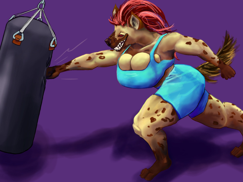 analog_raccoon anthro big_breasts breasts cleavage cleavage_overflow clothed clothing female hyaenid mammal muscular muscular_female punch punching_bag solo spotted_hyena teeth tight_clothing