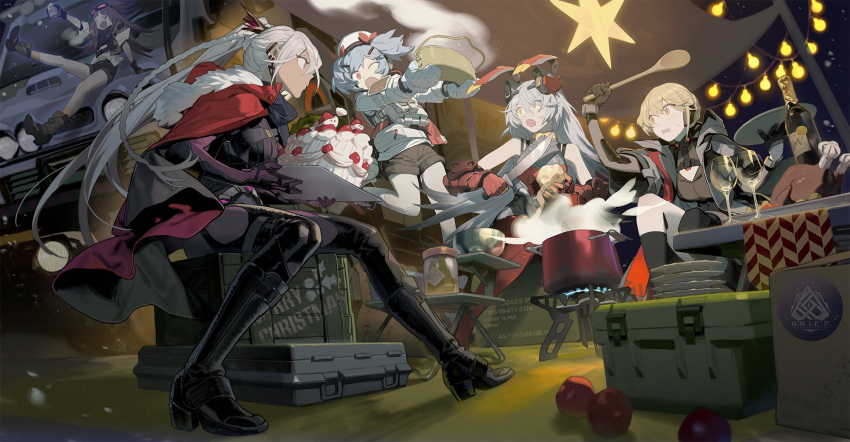 5girls animal_ears apple bangs bare_shoulders black_legwear blonde_hair blue_hair bottle breasts brown_hair charolic_(girls'_frontline_2) chicken_(food) closed_eyes closed_mouth colphne_(girls'_frontline_2) commentary_request cup dark-skinned_female dark_skin drinking_glass eyebrows_visible_through_hair fake_animal_ears food fruit full_body girls'_frontline_2:_exilium gloves goggles goggles_on_head grey_hair hair_between_eyes hair_ribbon hat highres long_hair long_sleeves looking_at_another mayling_shen_(girls'_frontline_2) medium_hair multiple_girls nemesis_(girls'_frontline_2) night one_eye_closed open_mouth orange_eyes ots-14_(girls'_frontline) outdoors ponytail portable_stove purple_eyes rabbit_ears red_eyes red_ribbon ribbon shirt shishio shorts sitting standing standing_on_one_leg twintails white_shirt wine_bottle wine_glass