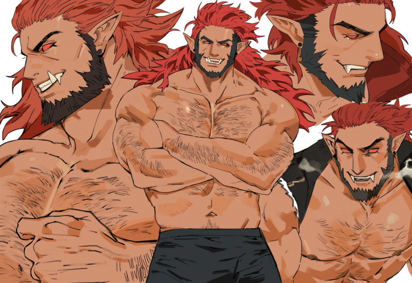 1boy bara beard body_hair cloak demon ear_piercing facial_hair gomihebi highres large_pectorals long_hair looking_at_viewer male_focus muscular muscular_male navel navel_hair nipples original pants pectorals piercing pointy_ears smile torn_cloak torn_clothes tusks yaoi