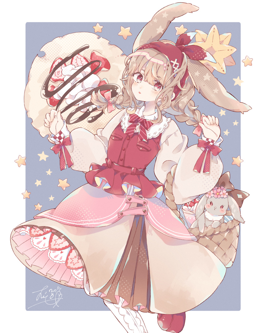 1girl absurdres animal_ears bangs basket blouse blue_background border bow bowtie braid brown_hair brown_skirt bunny chocolate_syrup commentary_request crepe food fruit hairband highres long_hair long_sleeves looking_at_viewer muto_095 original outside_border pantyhose parted_lips personification petticoat pink_skirt rabbit_ears red_bow red_bowtie red_eyes red_footwear red_hairband red_vest signature skirt solo star_(symbol) strawberry striped striped_bow striped_bowtie sweets twin_braids vest whipped_cream white_blouse white_border white_legwear