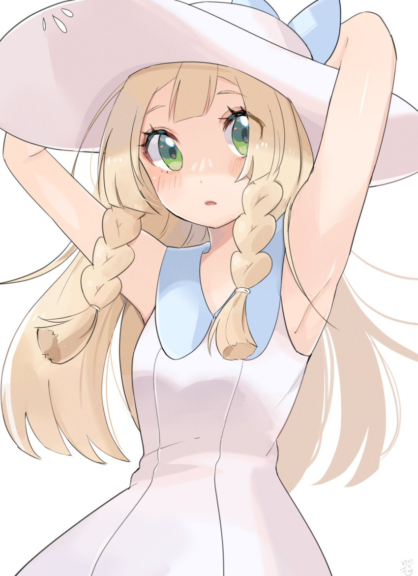 1girl arms_up bangs blonde_hair blue_ribbon blunt_bangs blush braid collared_dress commentary dress eyelashes green_eyes hat hat_ribbon highres lillie_(pokemon) long_hair parted_lips pokemon pokemon_(game) pokemon_sm ribbon ririmon shiny shiny_skin sleeveless sleeveless_dress solo sun_hat sundress twin_braids white_background white_dress white_headwear