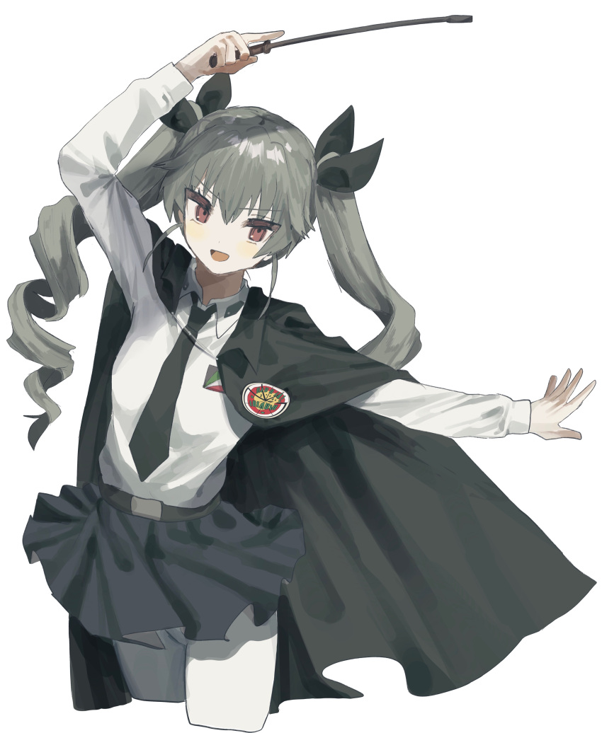 1girl absurdres anchovy_(girls_und_panzer) arm_up bangs black_cape black_necktie black_ribbon blue_skirt blush brown_eyes cape cropped_legs drill_hair girls_und_panzer grey_hair hair_ribbon highres holding long_hair long_sleeves looking_at_viewer necktie pantyhose parted_lips ribbon riding_crop shirt simple_background skirt solo tachibana_wataru_(123tsuki) twin_drills twintails white_background white_legwear white_shirt