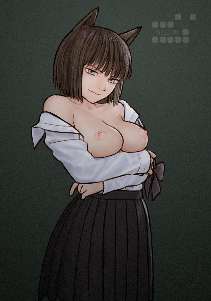 1girl animal_ears arms_under_breasts black_hair black_skirt bow bowtie bowtie_removed breasts cat_ears collarbone commentary grey_eyes highres large_breasts light_smile long_skirt long_sleeves looking_at_viewer nipples no_bra off_shoulder open_clothes open_shirt original pleated_skirt rustle shirt short_hair simple_background single_bare_shoulder skirt solo white_shirt
