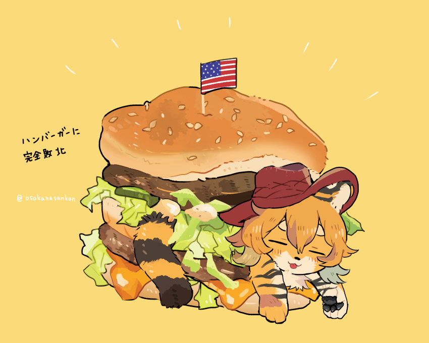 2022 4_fingers absurd_res anthro beef big_mac_(burger) black_body black_fur black_nose black_pawpads blep blush blush_lines burger burger_bun cheese chest_tuft chibi clothing cowboy_hat dairy_products emanata eyebrows eyes_closed felid female fingers flag fluffy food fur hair hat headgear headwear hi_res in_food japanese_text kemono lettuce mammal markings mcdonald's meat multicolored_body multicolored_ears multicolored_fur multicolored_tail orange_body orange_fur orange_hair osakanasankan pantherine pawpads paws pickle_(food) plant sauce sesame_seed_bun sesame_seeds simple_background solo special_sauce stars_and_stripes striped_body striped_fur striped_markings striped_tail stripes tail_markings text thick_eyebrows tiger tongue tongue_out toothpick translation_request tuft united_states_of_america vegetable white_body white_fur yellow_background