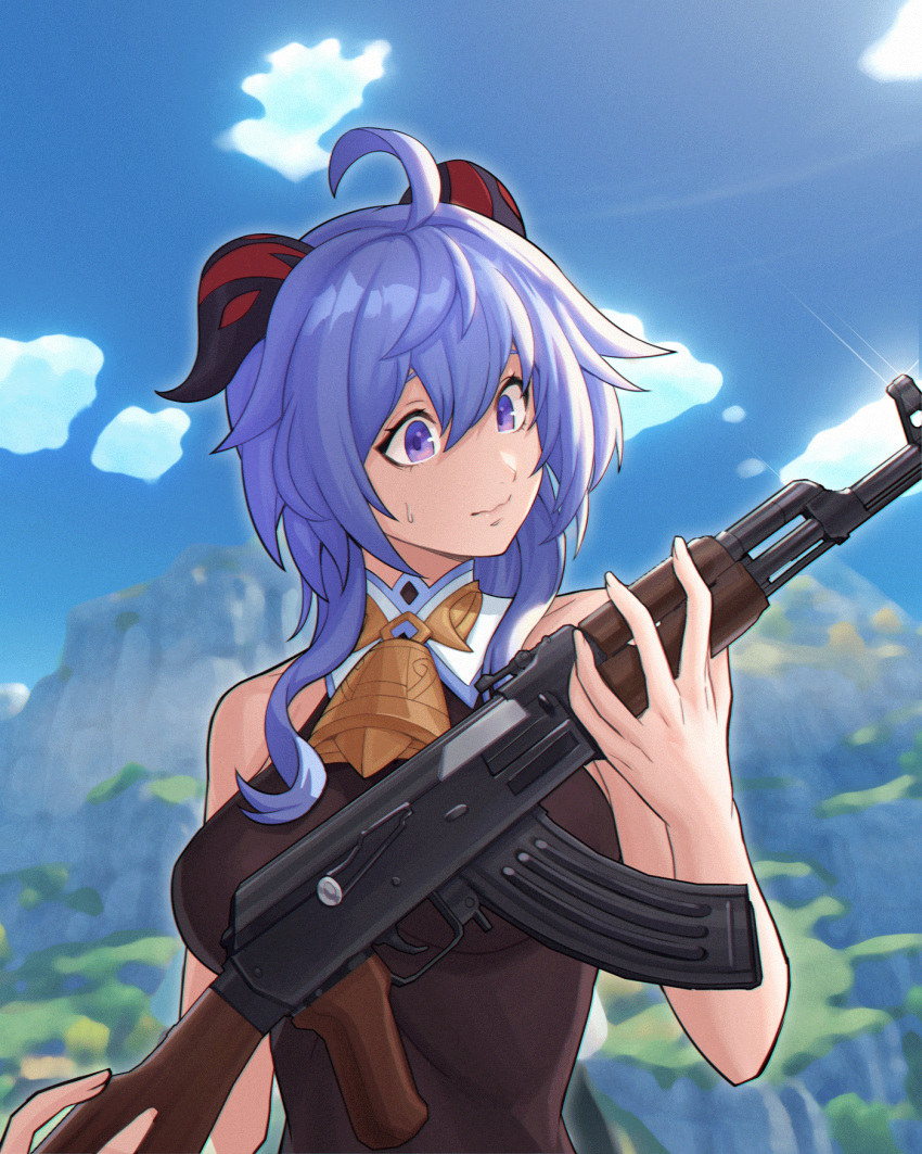 1girl ahoge ak-47 assault_rifle bare_shoulders bell blue_hair blue_sky breasts cowbell ganyu_(genshin_impact) genshin_impact gun gwonhu_(pjj910) highres holding holding_gun holding_weapon kalashnikov_rifle purple_eyes rifle sky smile sweatdrop upper_body wavy_mouth weapon