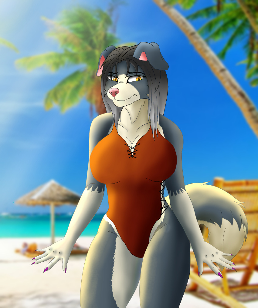 absurd_res anthro beach big_(disambiguation) big_breasts bikini border_collie breasts canid canine canis clothed clothing collie curvaceous curvy_figure domestic_dog female floppy furryartwork herding_dog hi_res invalid_tag lucareelo mammal opencommission pastoral_dog sand seaside sheepdog shoftshade shy solo sunny swimwear voluptuous water