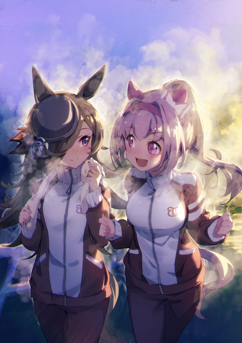 2girls absurdres animal_ears black_headwear blue_flower blue_rose blush brown_hair closed_mouth cowboy_shot eva_mashiro eyebrows_visible_through_hair flower hair_between_eyes hair_over_one_eye haru_urara_(umamusume) hat hat_flower highres horse_ears horse_girl horse_tail jacket long_hair long_sleeves multiple_girls open_mouth pants pink_eyes pink_hair ponytail purple_eyes red_pants rice_shower_(umamusume) rose smile sparkle tail tilted_headwear towel track_jacket track_pants umamusume