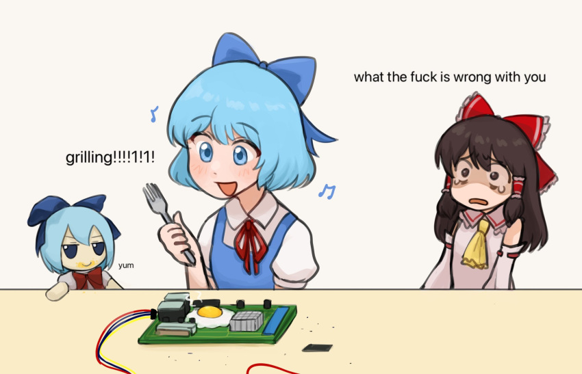 2girls ascot blue_dress blue_eyes blue_hair bow brown_eyes brown_hair character_doll circuit_board cirno collar cooking detached_sleeves dirty dirty_face dress english_commentary english_text fork fried_egg fumo_(doll) hair_bow hair_tubes hakurei_reimu highres holding holding_fork japanese_clothes looking_down miko multiple_girls music musical_note nontraditional_miko nvi2762 profanity puffy_short_sleeves puffy_sleeves red_neckwear short_hair short_sleeves sidelocks simple_background singing speech_bubble surprised table touhou upper_body white_background white_collar wire yellow_ascot