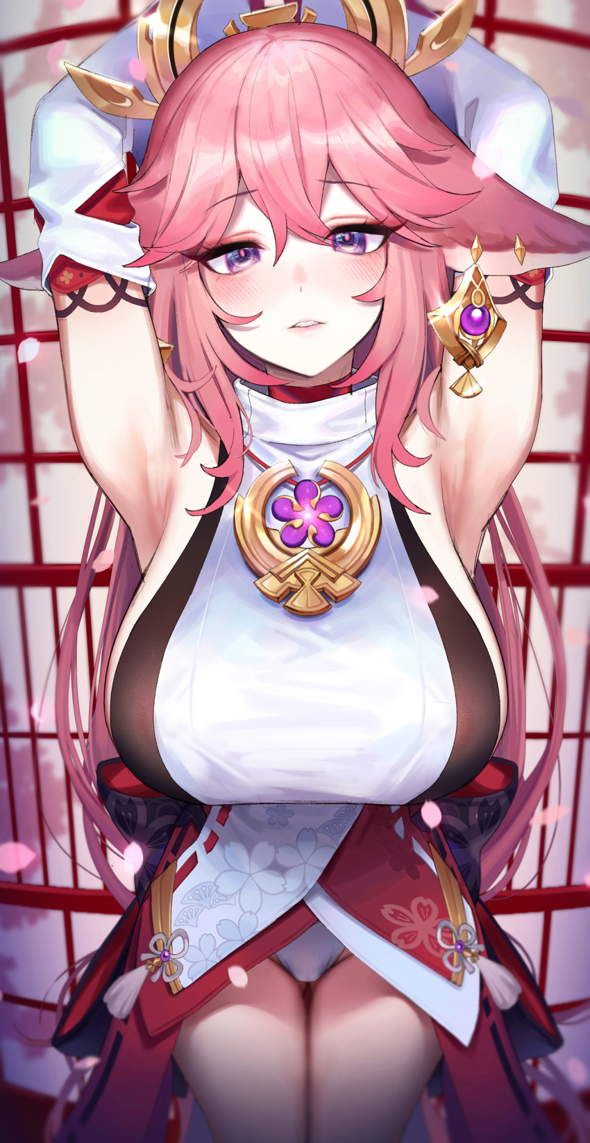 1girl absurdres animal_ears armpits arms_behind_head arms_up bangs bare_shoulders blush breasts detached_sleeves fox_ears genshin_impact hair_ornament highres japanese_clothes jewelry kimono large_breasts long_hair looking_at_viewer mirei necklace pendant pink_hair purple_eyes red_skirt sidelocks skirt sleeveless sleeveless_kimono solo thighs very_long_hair white_kimono wide_sleeves yae_miko
