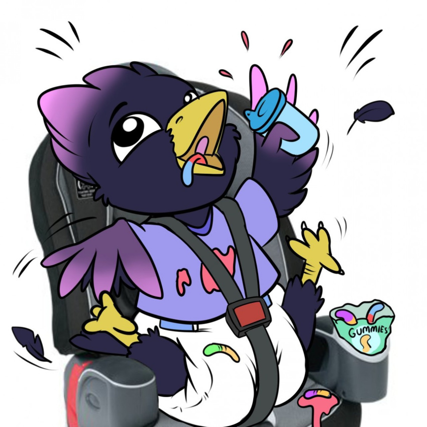 anthro avian bird candy corvid dessert diaper food gambit gambit_(the_corvid) gummy_(food) happy hi_res male oscine passerine sippy_cup solo wen